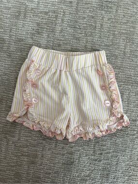 Serendipity Girls' Pink & Yellow Striped Ruffle Shorts